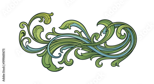 Elegant green and blue swirling floral design with flowing curves and decorative elements