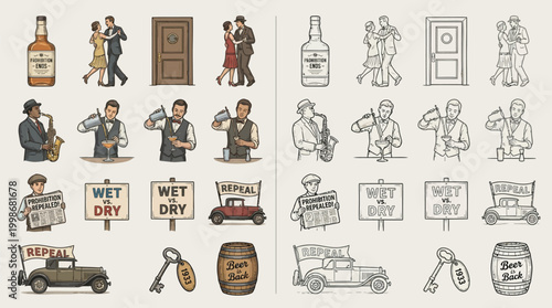 Tableau sur toile A collection of vintage illustrations depicting scenes and objects from the Prohibition era in America, including people, vehicles, and signs