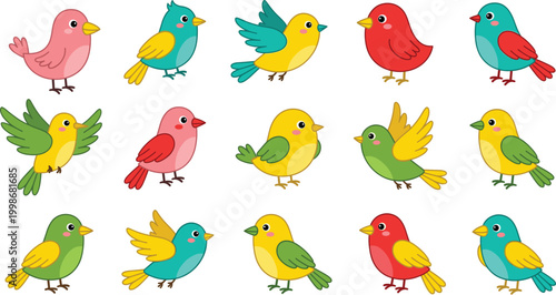 Cartoon colorful birds collection, playful bright feather wildlife vector illustration, decorative nature artwork design graphic - multicolor flat vector illustration