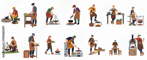 Comprehensive collection of people cooking in the wilderness, featuring outdoor grilling, wood-fired baking, and rustic food preparation in a flat vector style.