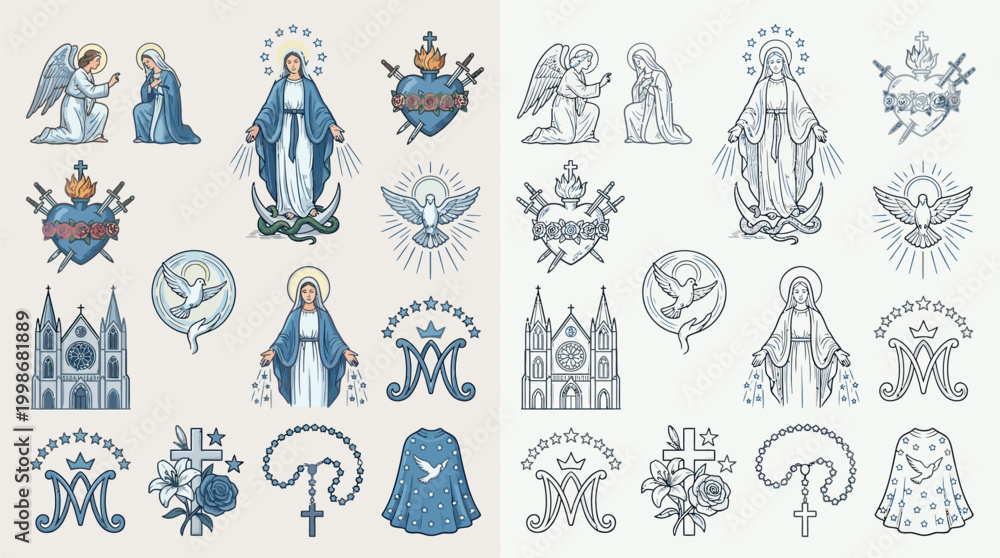 Fototapeta premium Collection of religious symbols and iconography related to the Virgin Mary and Christian faith, presented in two color variations.