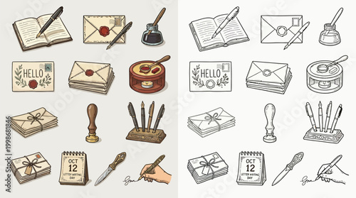 Collection of vintage stationery and writing implements, including envelopes, pens, inkwells, and notepads, presented in a detailed illustration.