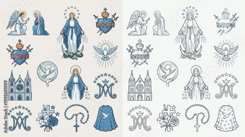 Collection of religious symbols and iconography related to the Virgin Mary and Christian faith, presented in two color variations.