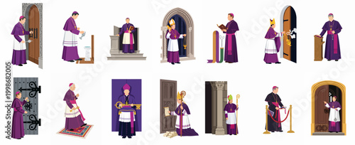 Comprehensive set of vector illustrations showing a Catholic bishop in purple vestments performing various liturgical rites, blessings, and ceremonial duties in a church.