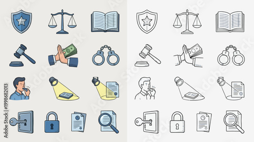 Collection of legal and justice icons, including scales of justice, handcuffs, gavel, and documents, presented in both color and outline styles.