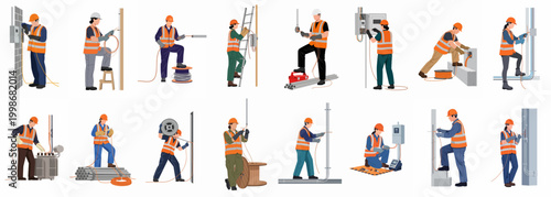 Set of diverse electrical workers in high-visibility vests performing maintenance, wiring, and installation tasks with professional equipment in flat vector style