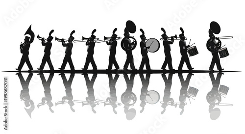 Silhouetted marching band members with instruments and feathered hats, reflected