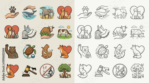 Collection of animal welfare and protection icons, featuring various animals and symbols of care and conservation.