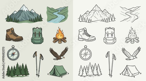 Collection of colorful and monochrome outdoor adventure and camping icons, including mountains, rivers, boots, backpacks, campfires, compasses, hiking poles, eagles, tents, and pine trees.