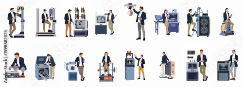 Comprehensive collection of diverse engineers and technicians operating various industrial 3D printers and high-tech manufacturing machinery in a modern laboratory setting.
