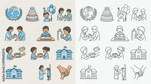 Collection of illustrations depicting children's activities, education, and community support, presented in both color and outline styles.