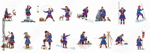 Collection of various illustrations depicting traditional Sami culture, clothing, and daily activities with reindeer in the Arctic Lapland region.