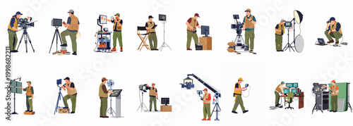 Flat Illustration Set of Professional Film Crew and Movie Production Staff Using Specialized Equipment for Cinema and Television Video Recording