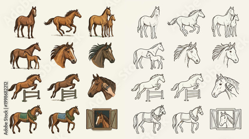 Collection of detailed illustrations and sketches of horses in various poses and activities, including jumping and portraits.