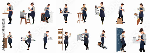 Set of flat vector illustrations of male and female baristas in various poses making coffee, pouring latte art, and working in a cafe.