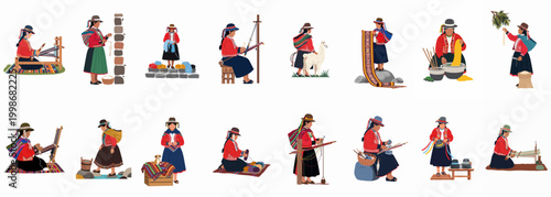 Flat vector set of Andean women in traditional dress engaged in textile production, weaving, spinning wool, and daily life activities.