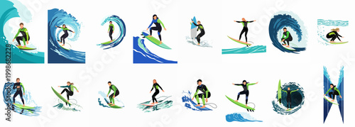 Collection of diverse flat illustrations of male and female surfers in wetsuits riding waves in various poses on a white background.