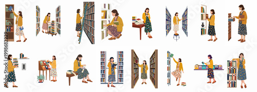 Flat vector illustration set of a female librarian in a yellow cardigan performing diverse library activities like shelving, reading, and organizing books.