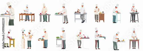Collection of diverse pastry chefs and confectioners in uniform preparing and decorating gourmet desserts and cakes, presented in a clean flat illustration style.