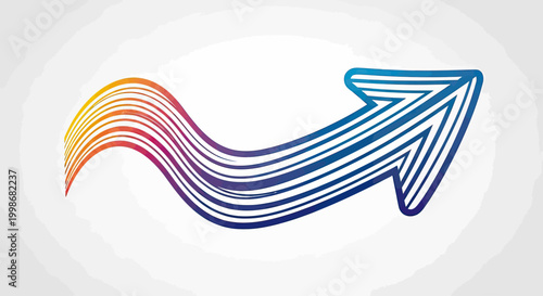 Wavy, multicolored arrow composed of stripes on a light background