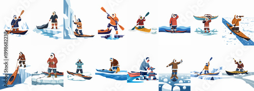 Flat Vector Illustration Set of Inuit Eskimo Characters in Arctic Scenes, Kayaking, Hunting, and Navigating Through Ice and Snow