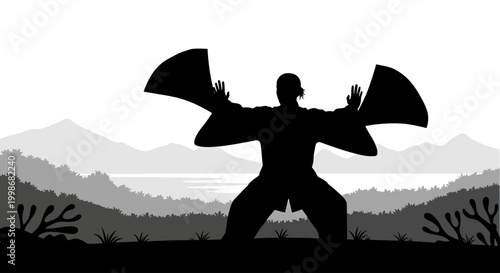 Black silhouette of a person in martial arts stance with fans against a misty mountain landscape