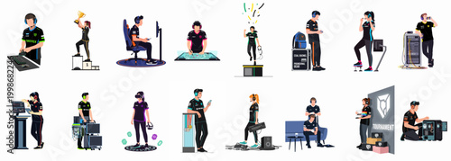 Comprehensive Vector Illustration Set of Professional eSports Players, Technicians, and Winners Engaged in Various Competitive Gaming Activities and Events