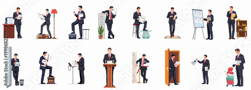 Set of Illustrations Depicting a Businessman in a Suit Performing Various Professional Office Tasks and Document Management Activities in Different Workplace Scenarios.