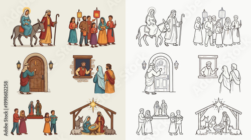 Illustrations depicting scenes from the Nativity story, including the journey of Mary and Joseph, the birth of Jesus in a stable, and visitors.