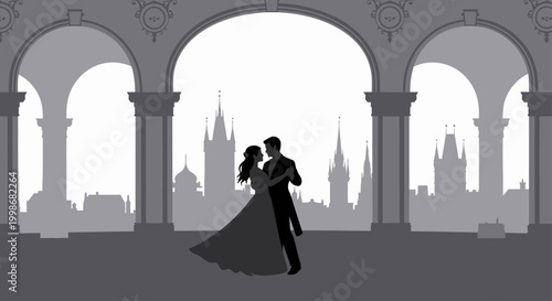 Silhouette couple waltzing under arches with cityscape background