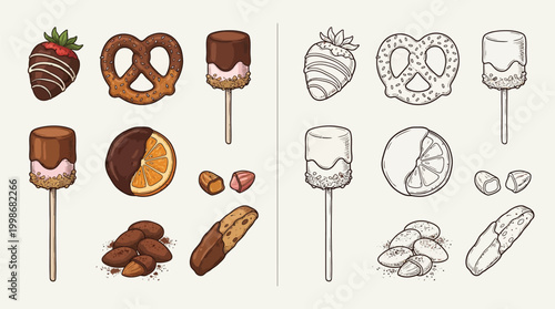 A collection of delicious chocolate-covered treats and ingredients, including strawberries, pretzels, marshmallows, and nuts, presented in both color and outline.