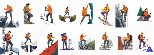 Comprehensive collection of flat vector illustrations featuring hikers and mountaineers engaged in various outdoor activities like climbing, trekking, and navigating mountain landscapes.