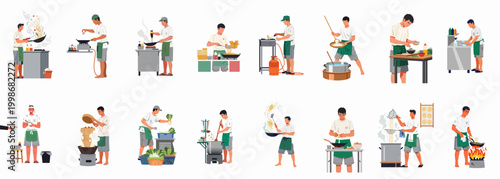Set of diverse illustrations featuring male street food vendors and chefs cooking various Asian dishes in different stages of food preparation.