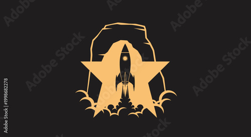 Stylized rocket launching from a star shape in front of abstract rock formation