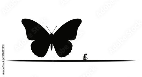 Huge black butterfly silhouette looms over a tiny figure with a flower