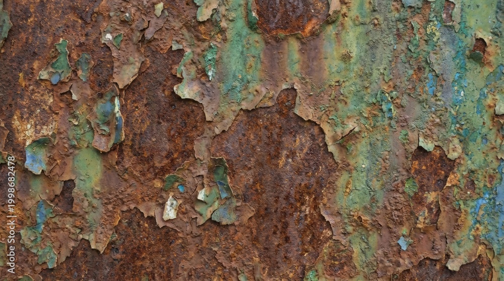 Fototapeta premium Close-up of weathered, rusty metal surface with peeling paint and textured details.