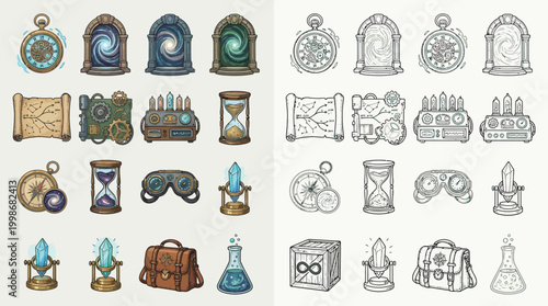 A collection of steampunk-themed icons and illustrations, featuring clocks, portals, scrolls, and alchemical equipment.