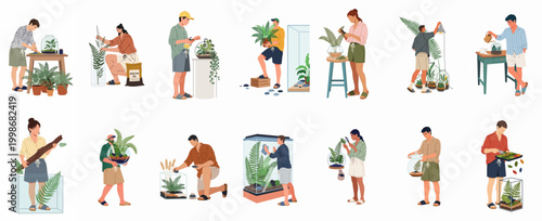 A diverse collection of flat vector illustrations featuring people planting, caring for, and maintaining various indoor terrariums and miniature glass ecosystems.