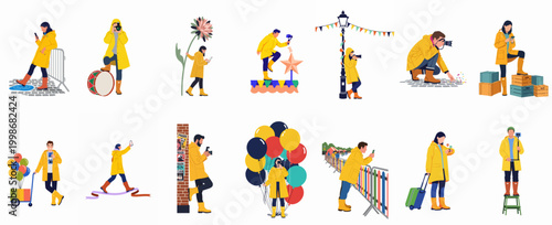 Collection of diverse people in yellow raincoats engaging in photography and festival activities, illustrated in a flat style on a white background.