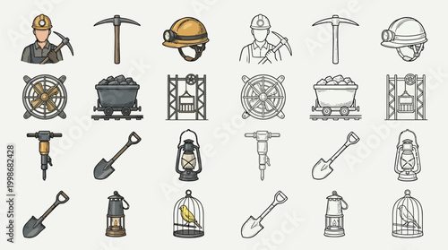 Collection of mining equipment and tools, including miners, helmets, pickaxes, carts, drills, lanterns, and a canary in a cage.