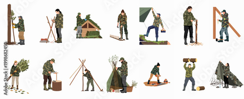 A comprehensive collection of illustrations showing people in camouflage gear performing various bushcraft and survival activities like building shelters and woodcraft.