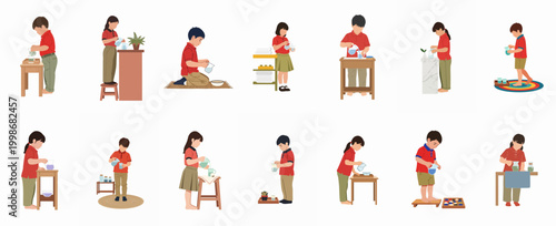 Set of Montessori Practical Life Illustrations Showing Children Developing Fine Motor Skills through Various Pouring Activities in a Classroom Setting