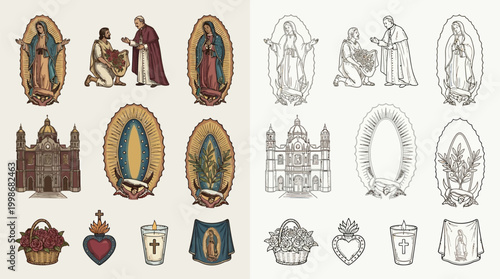 A collection of religious icons and symbols, including depictions of the Virgin Mary, a church, and devotional items, presented in both colored and line-art formats.