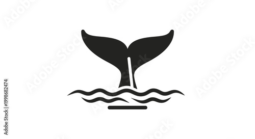 Stylized dark silhouette of a whale's tail emerging from wavy water