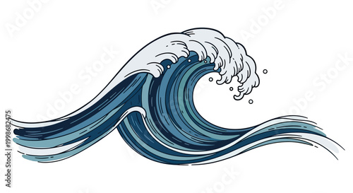 A stylized wave with crashing white foam and layered blue water