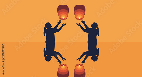 Four figures release glowing lanterns into an orange sky, two upside down