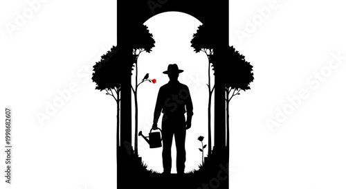 Silhouette of a gardener watering a single red rose beneath an archway