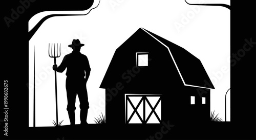 Silhouette of a farmer with a pitchfork stands beside a barn