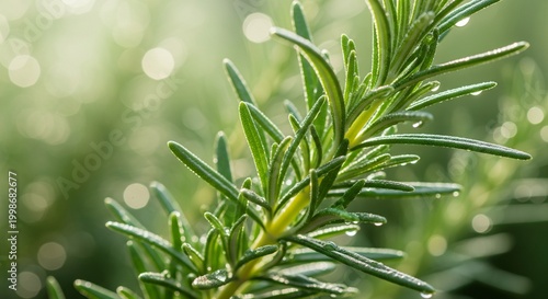 Fresh Rosemary Sprig with Water Droplets, Macro Photography of Aromatic Herb for Culinary and Medicinal Use, Natural Green Background with Bokeh Lights