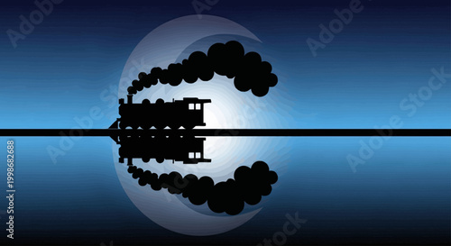 Silhouette of a steam train with smoke trail reflected on calm blue water